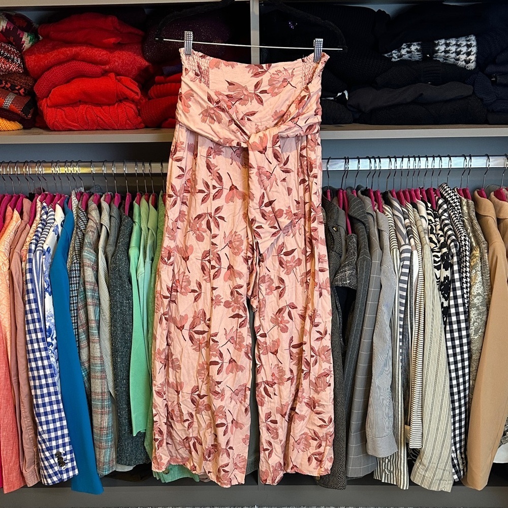 Sincerely Jules pink floral elastic waistband front tie wide leg pants size M